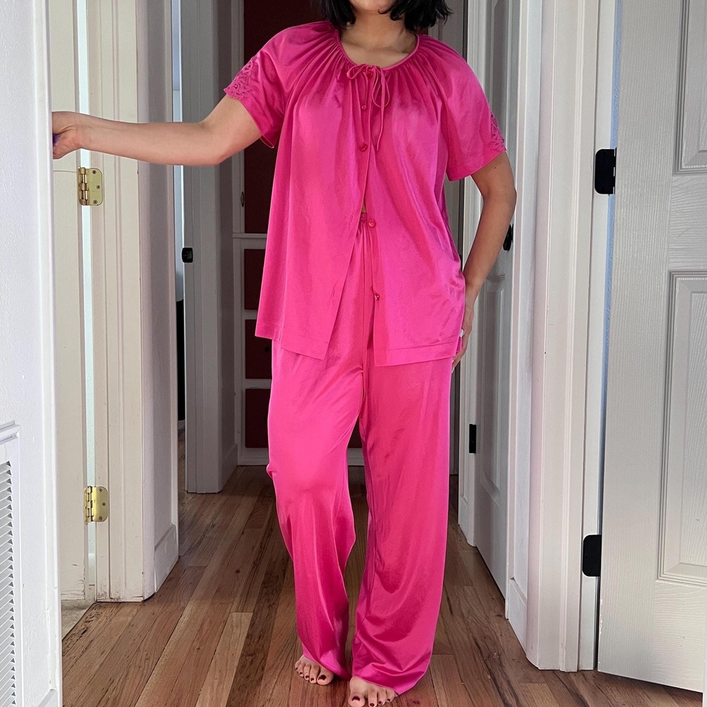 Vintage 80s hot pink pant and top pajama set lace details slinky Large